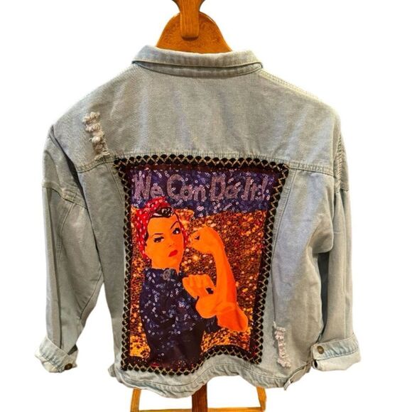 Rosie the Riveter Upcycled Light Wash Denim Embellished Button Up Jacket  Sz M - Picture 1 of 10